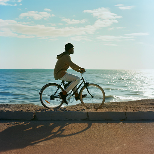 Image of a guy on a bike ride by the beach after consuming Breez Cannabis hybrid products
